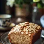 Close-up of banana bread with oats on a wooden board, showcasing texture and detail.