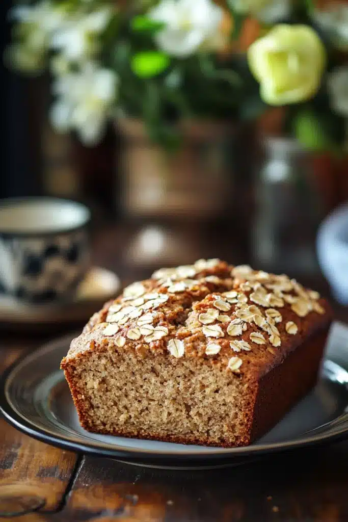 Close-up of banana bread with oats on a wooden board, showcasing texture and detail.