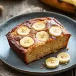 Close-up of a banana cake with a slice cut out, showcasing its moist texture and golden crust.