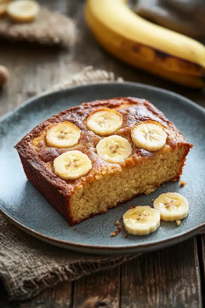 Close-up of a banana cake with a slice cut out, showcasing its moist texture and golden crust.