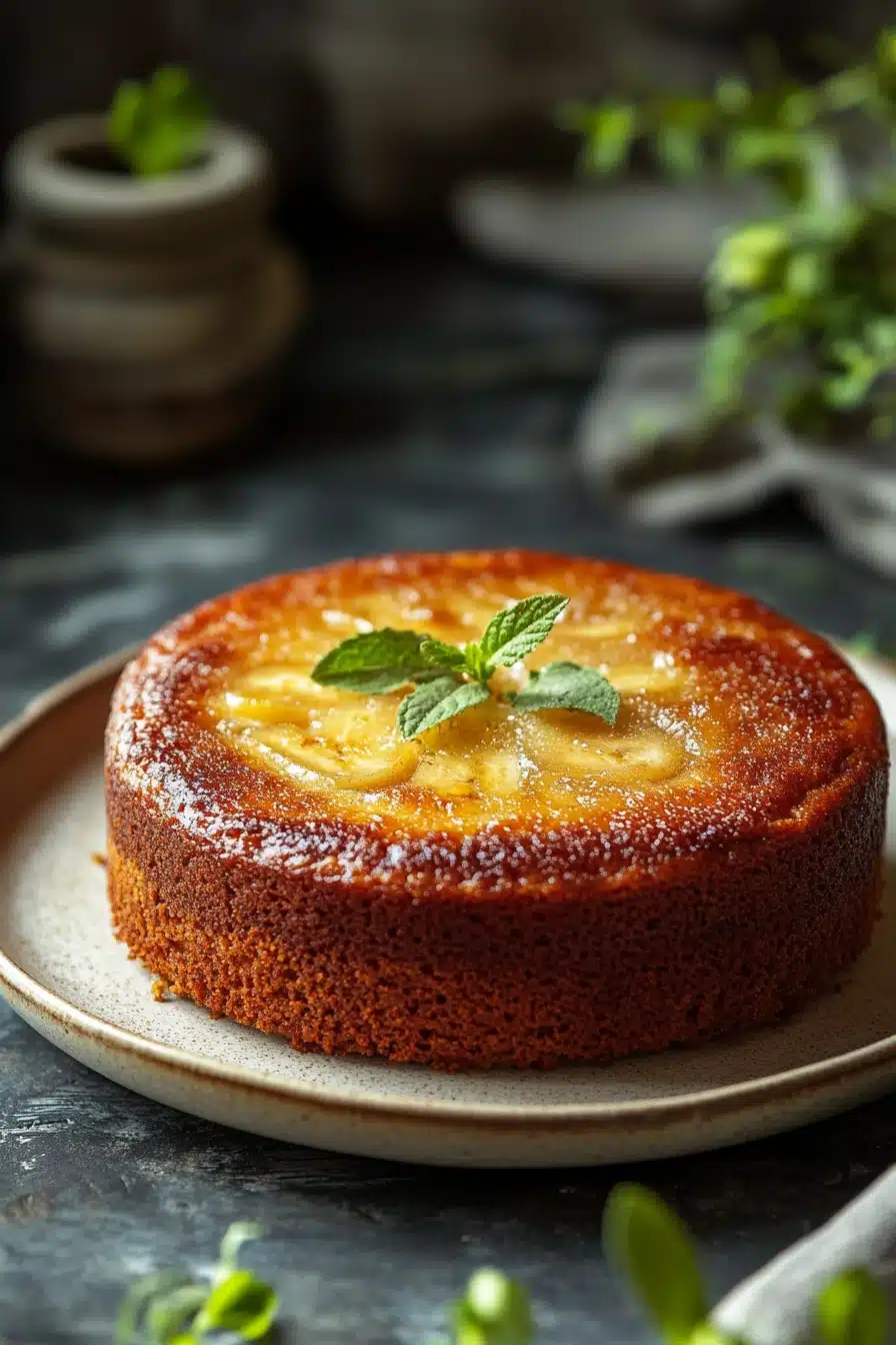 Close-up of a banana cake with a Korean aesthetic, showcasing its texture and natural lighting.