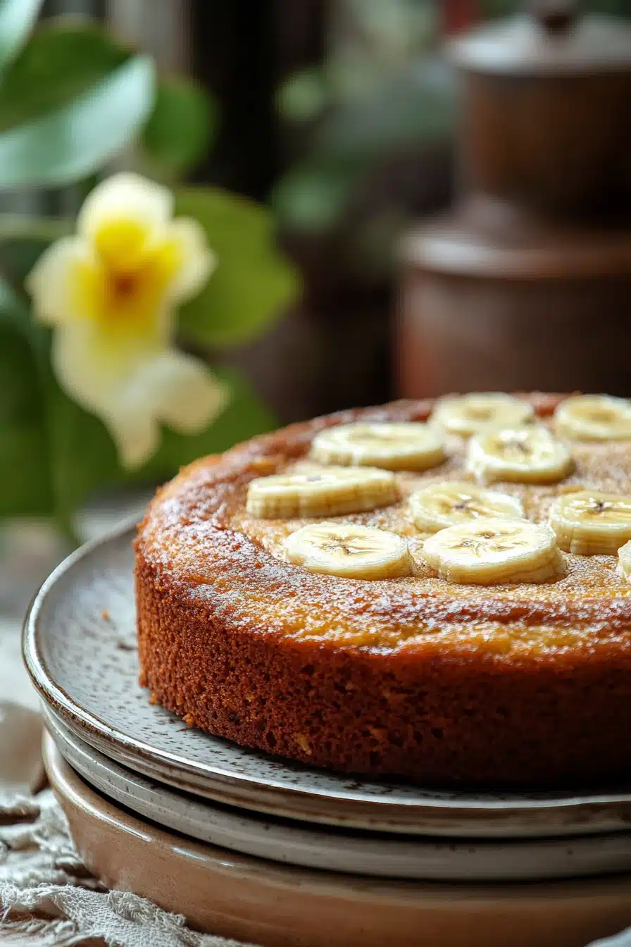 Close-up of a banana cake with a clean background, showcasing its texture and color.