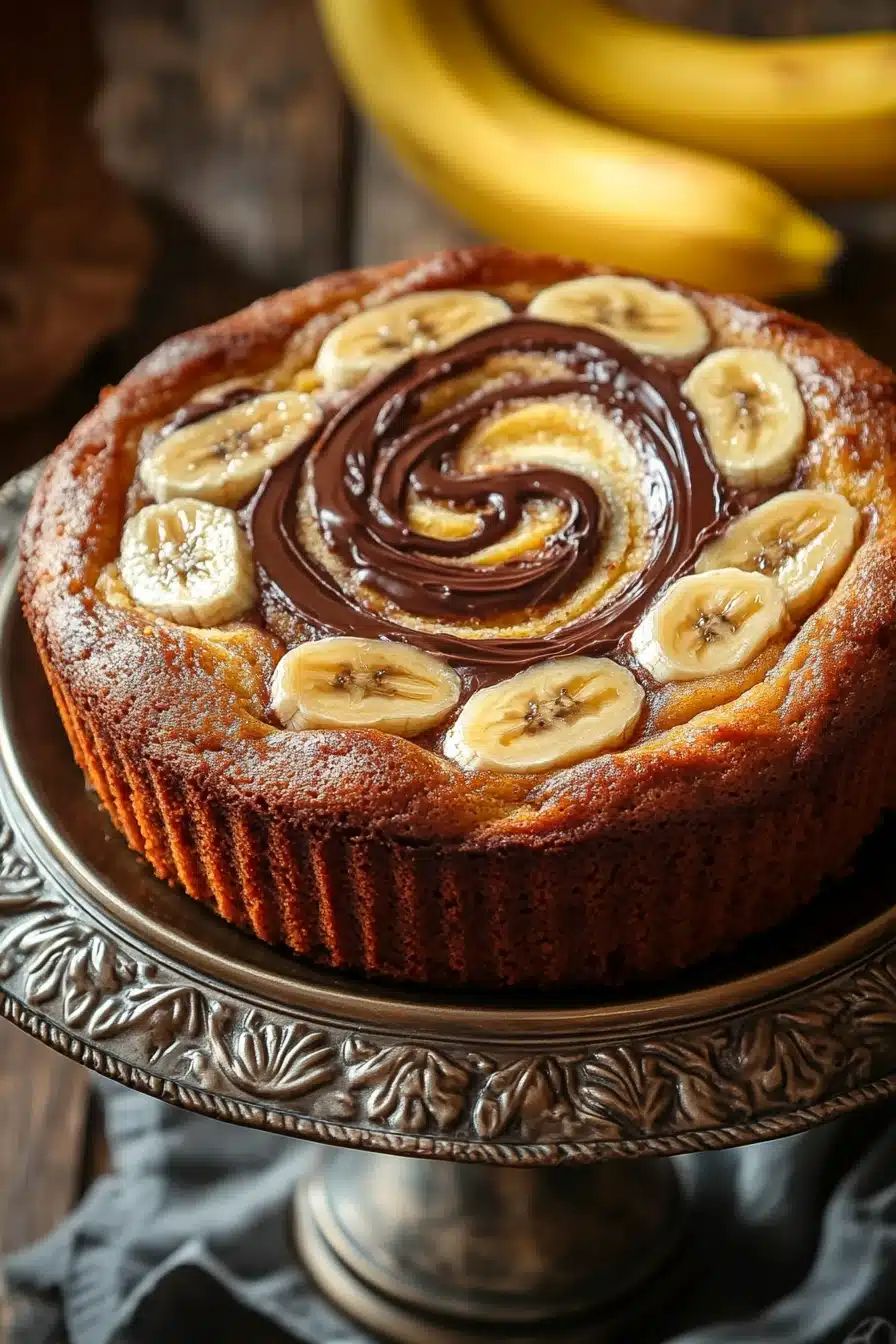 Close-up of banana cake with Nutella spread, showcasing a moist texture and rich chocolate topping.