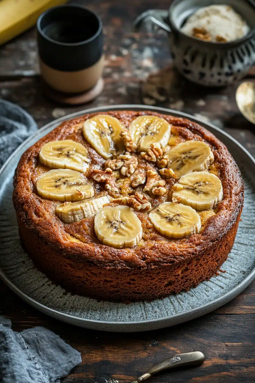 Close-up of a beautifully plated banana cake with a clean background