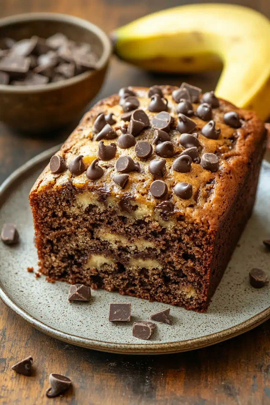 Close-up of banana cake with chocolate on a white plate, showcasing rich textures and appetizing details.