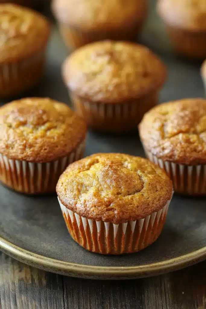 Close-up of freshly baked banana muffins on a white plate with a minimal background.