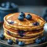 Close-up of blueberry muffin pancakes with fresh blueberries and syrup on a white plate.