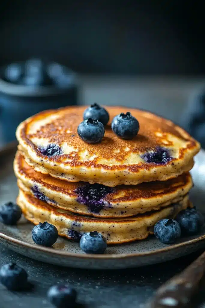Close-up of blueberry muffin pancakes with fresh blueberries and syrup on a white plate.