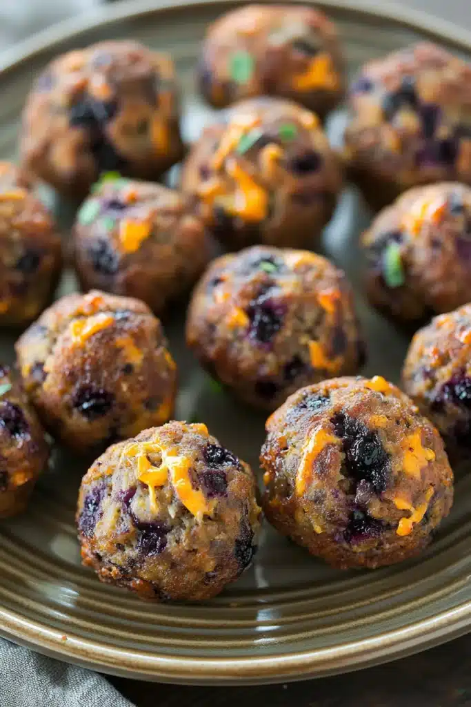Close-up of blueberry muffin sausage balls on a white plate with a clean background.