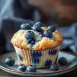Close-up of a blueberry muffin shortcake with fresh blueberries and cream
