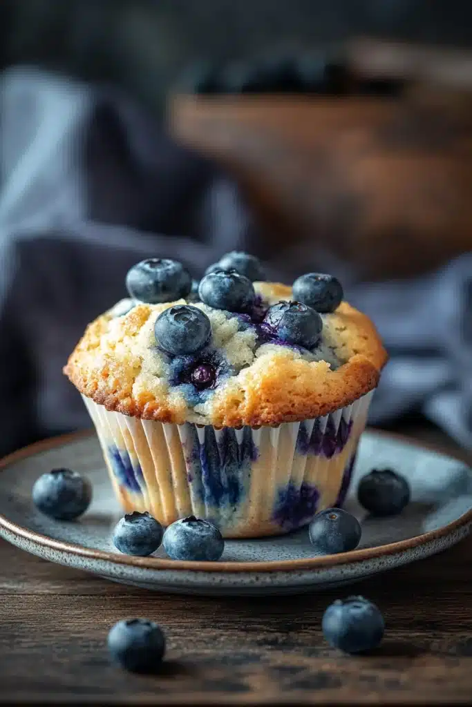 Close-up of a blueberry muffin shortcake with fresh blueberries and cream
