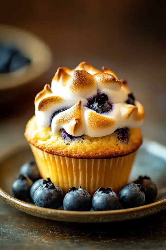 Close-up of a blueberry muffin topped with lemon meringue, showcasing vibrant textures and colors.