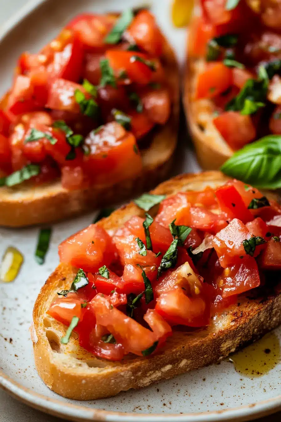Close-up of delicious bruschetta with fresh tomatoes and herbs on a wooden board.