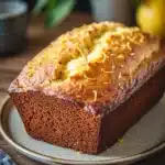 Close-up of a cake mix lemon loaf bread with a light glaze on top.