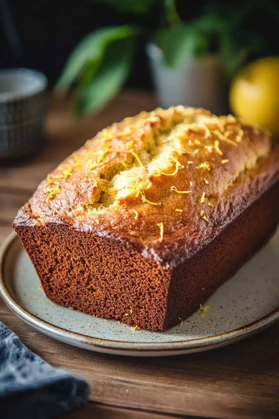 Close-up of a cake mix lemon loaf bread with a light glaze on top.