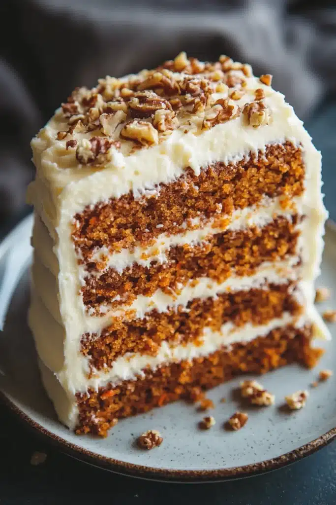 Close-up of a slice of carrot cake from scratch with cream cheese frosting on a white plate.