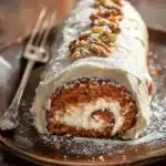Close-up of a carrot cake jelly roll with cream cheese filling on a white plate.