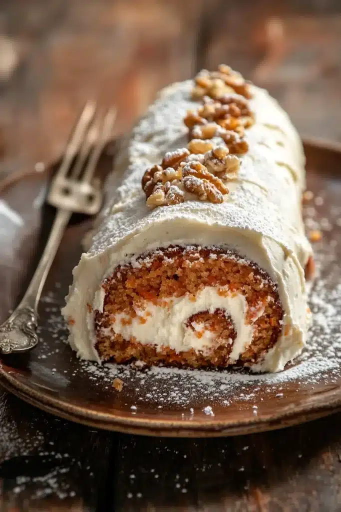 Close-up of a carrot cake jelly roll with cream cheese filling on a white plate.