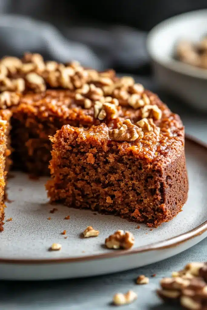 Close-up of a slice of carrot cake with creamy frosting, showcasing textures and details.