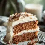 Close-up of a slice of carrot cake with coconut topping on a white plate.