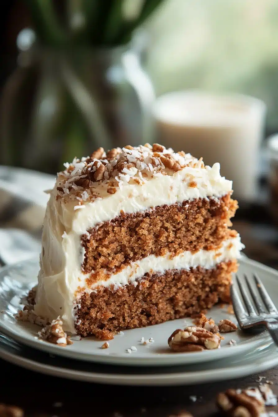 Close-up of a slice of carrot cake with coconut topping on a white plate.