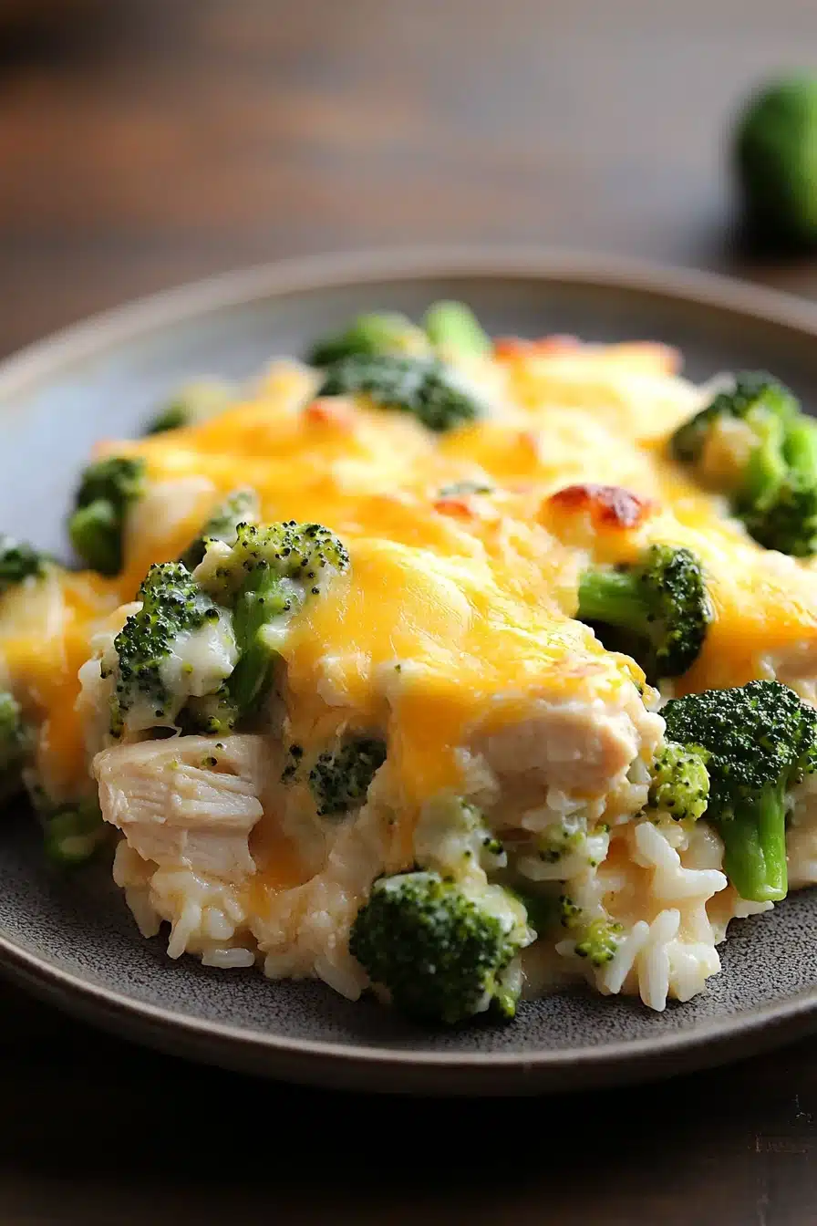 Close-up of cheesy chicken and broccoli casserole in a crock pot with melted cheese and broccoli florets.