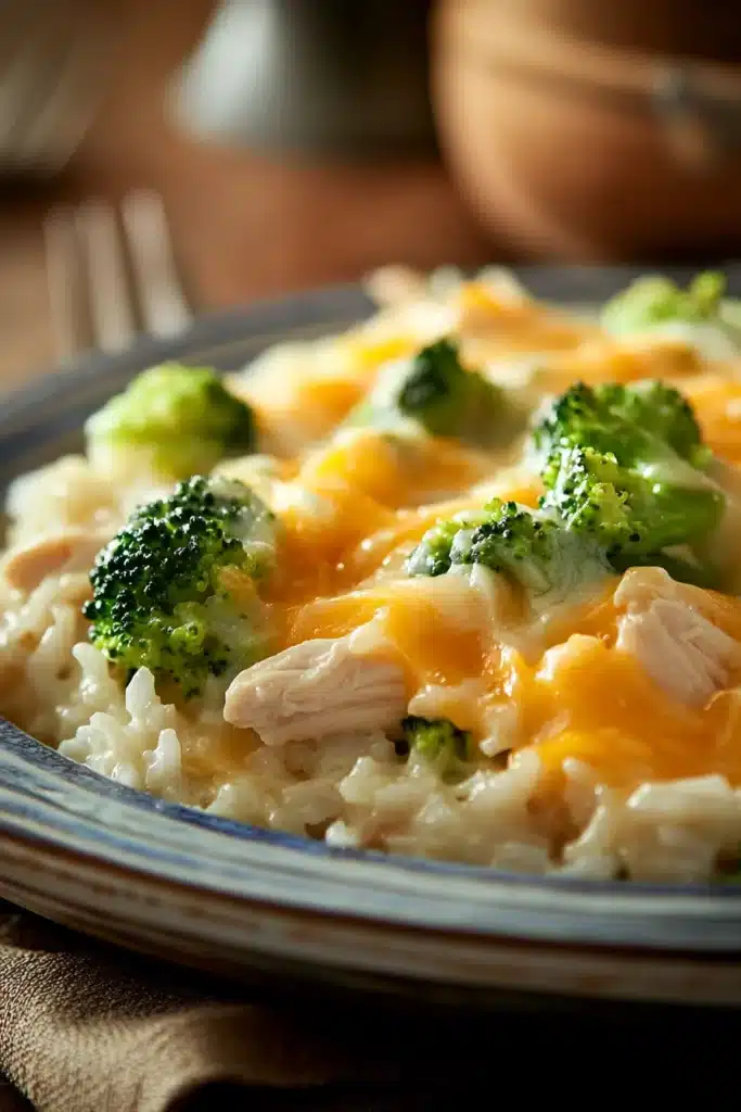 Close-up of cheesy chicken broccoli rice casserole with a golden crust