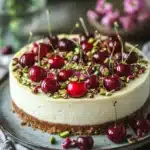 Close-up of a cherry pistachio cheesecake with a smooth creamy texture and vibrant toppings.