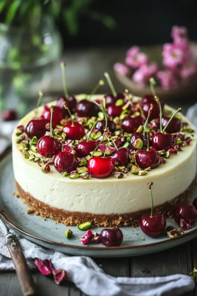Close-up of a cherry pistachio cheesecake with a smooth creamy texture and vibrant toppings.