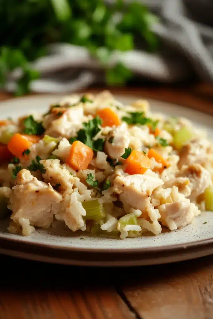 Close-up of a chicken and rice casserole with a golden crust, served in a white dish.