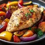 Close-up of seasoned chicken breast with colorful vegetables on a plate