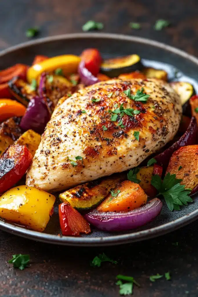Close-up of seasoned chicken breast with colorful vegetables on a plate