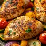 Close-up of roasted chicken breast on a sheet pan with vegetables