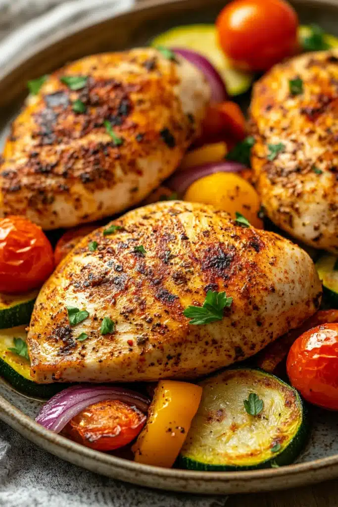 Close-up of roasted chicken breast on a sheet pan with vegetables