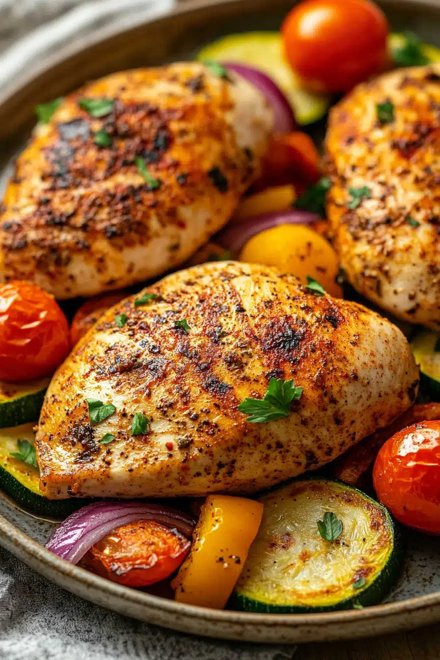 Close-up of roasted chicken breast on a sheet pan with vegetables