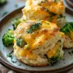 Close-up of chicken broccoli casserole with golden biscuits on top, filling the frame.