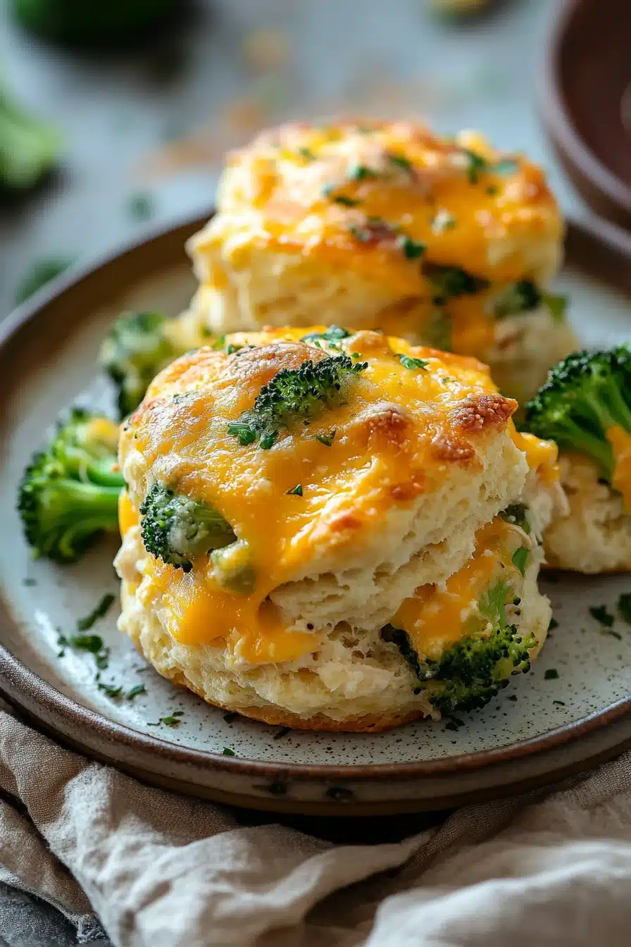 Close-up of chicken broccoli casserole with golden biscuits on top, filling the frame.