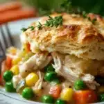 Close-up of a golden chicken pot pie casserole with a flaky crust, perfect for freezer storage.