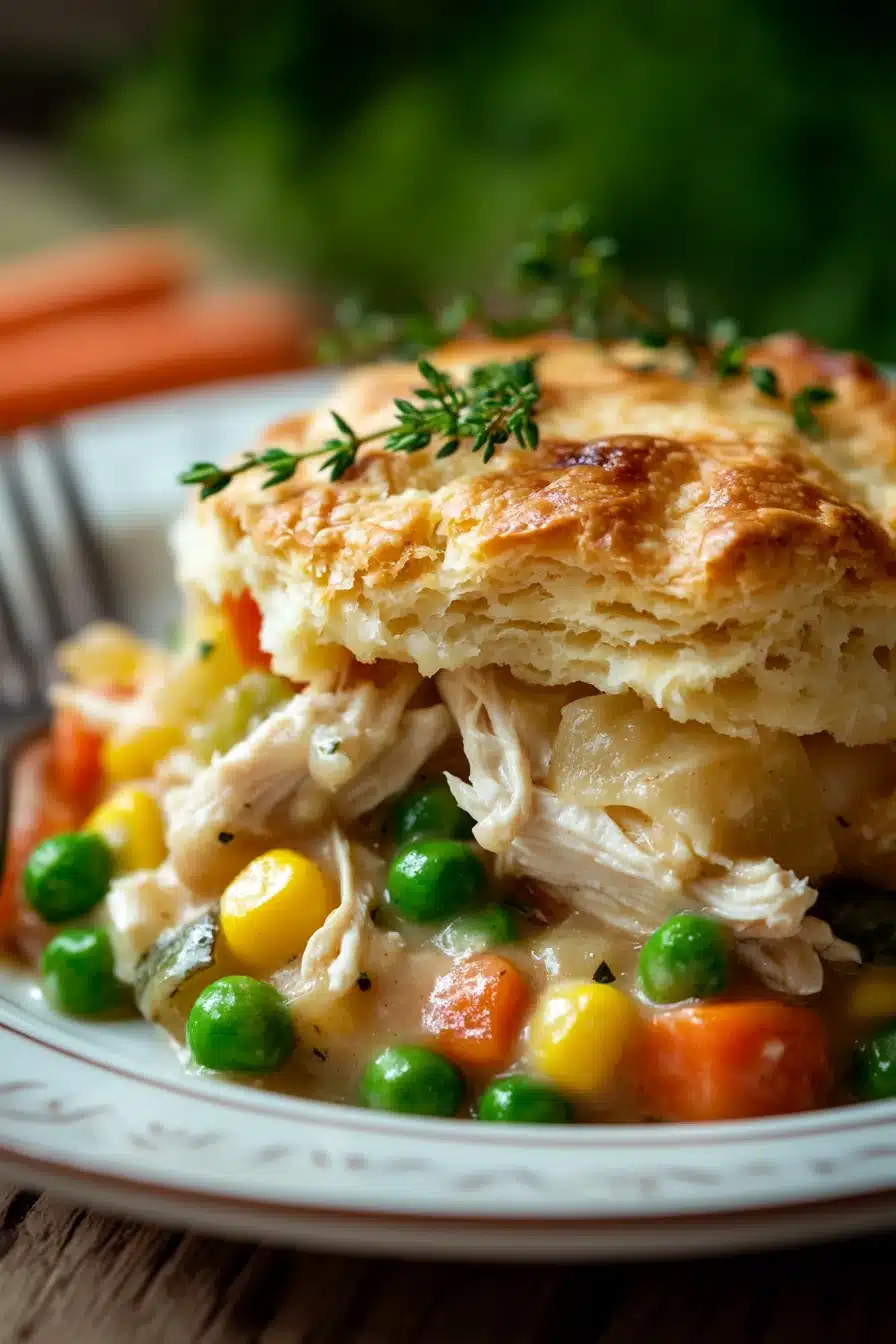 Close-up of a golden chicken pot pie casserole with a flaky crust, perfect for freezer storage.
