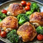 Close-up of a chicken sheet pan dinner with vegetables, perfect for a keto meal.