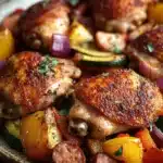 Close-up of chicken thigh and sausage sheet pan dinner with vegetables on a clean background.