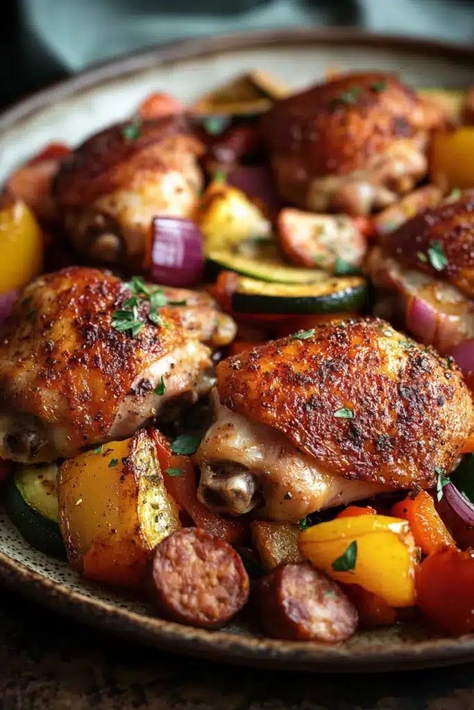 Close-up of chicken thigh and sausage sheet pan dinner with vegetables on a clean background.