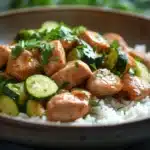 Close-up of chicken zucchini rice in a one-pot dish with a clean background