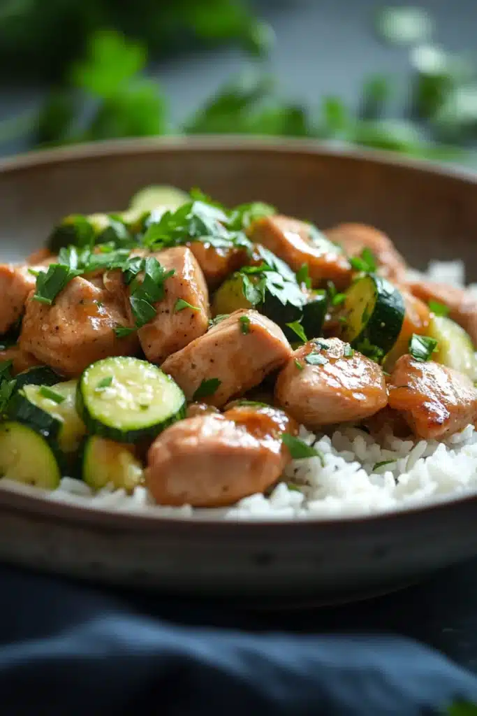 Close-up of chicken zucchini rice in a one-pot dish with a clean background