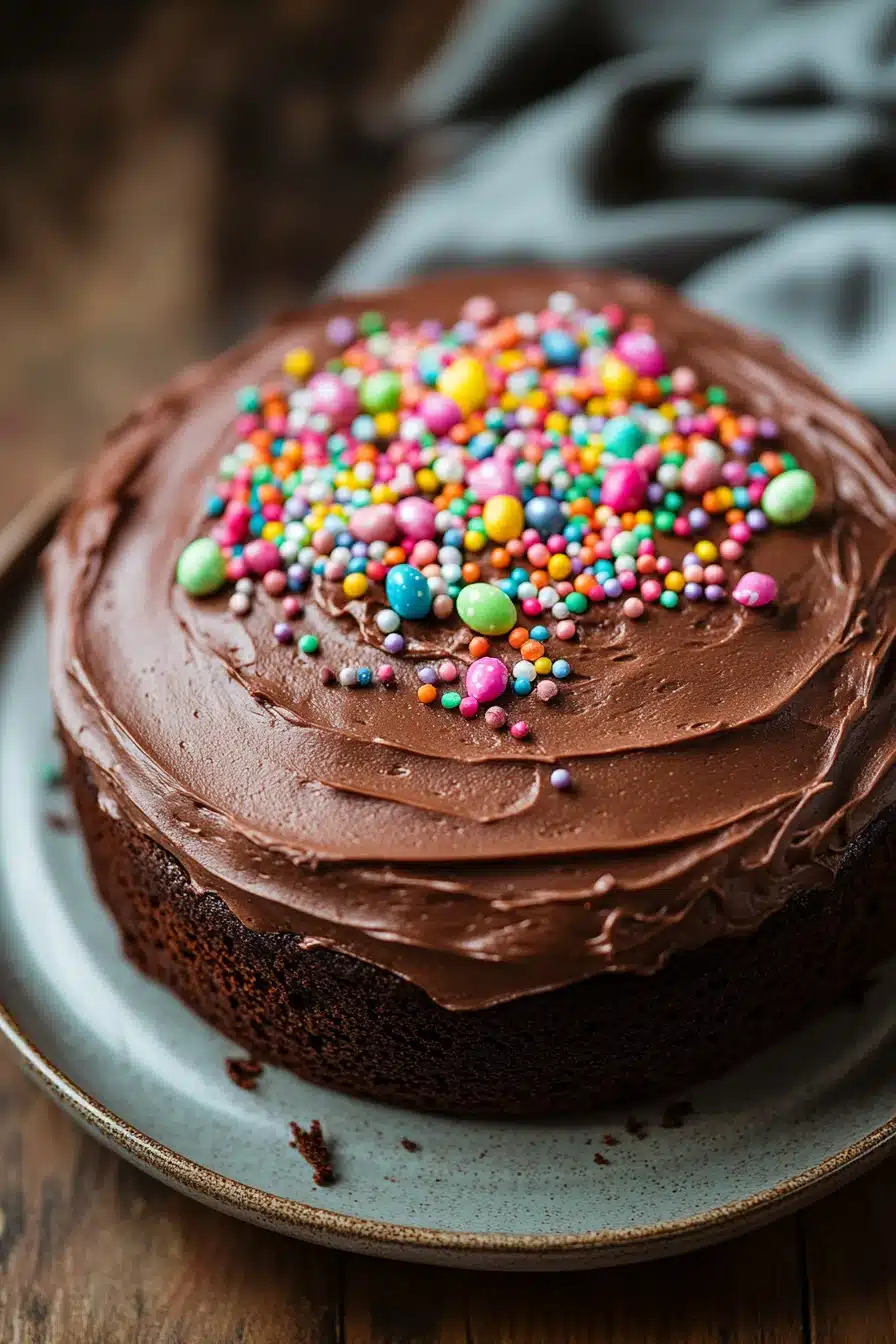Close-up of a chocolate cake with rich textures, perfect for Easter celebrations.