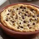 Close-up of a chocolate chip cookie casserole with golden brown top and melted chocolate chips.
