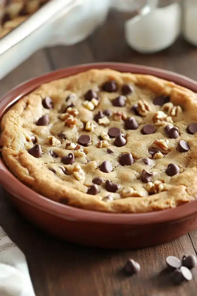 Close-up of a chocolate chip cookie casserole with golden brown top and melted chocolate chips.