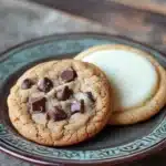 Close-up of freshly baked chocolate chip cookies on a white background.