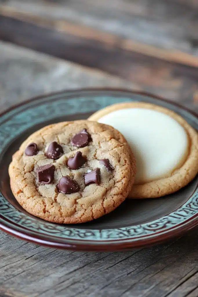 Close-up of freshly baked chocolate chip cookies on a white background.