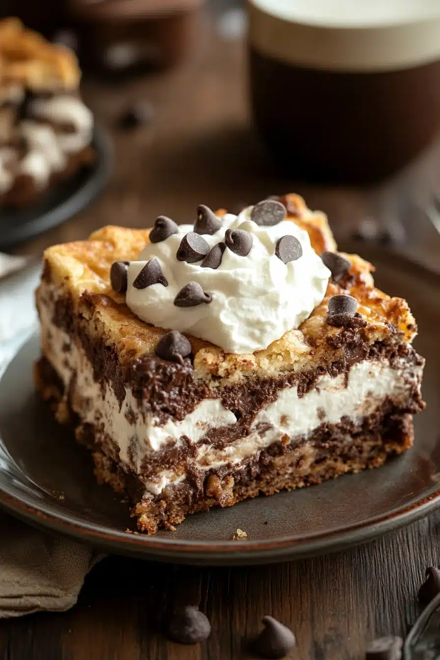 Close-up of chocolate chip cookie lasagna with layers of cookies and cream.